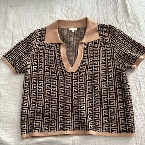 Debut Brown and Tan Graphic Polo Blouse